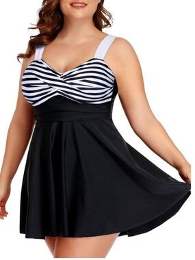 Chama Plus Size Flowy Swimdress Retro Swimsuit Empire Waist Tankini